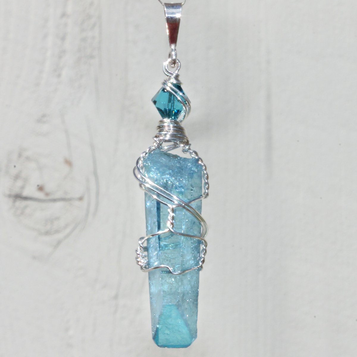 Aqua Aura Quartz Crystal Sterling Wire Wrap Pendant 9282