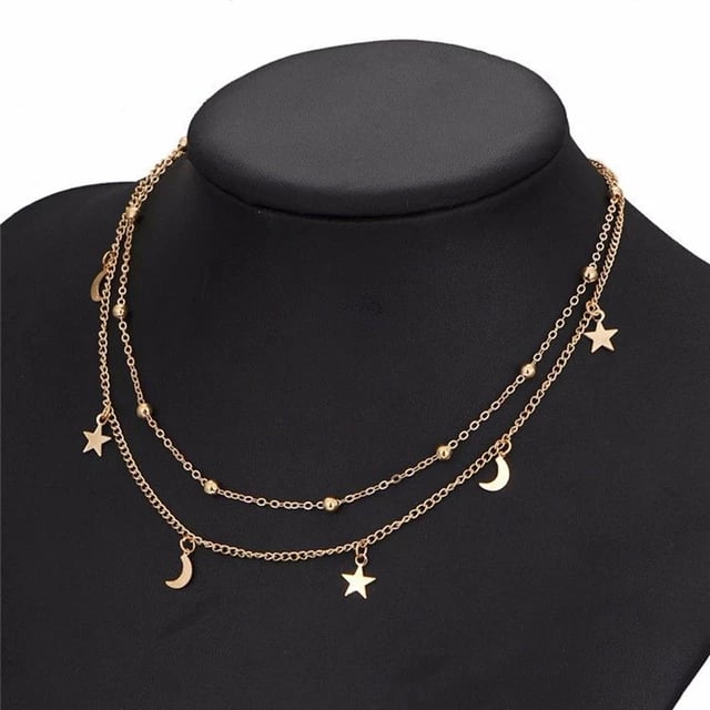 Image of Star & Moon Pendant Clavicle Necklace 