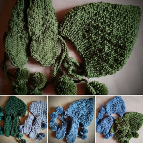 Image of Knitted set. Romper, bonnet, socks. Sitter / toddler  size