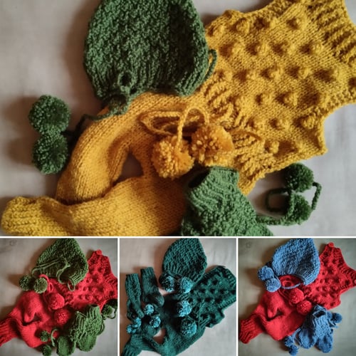 Image of Knitted set. Romper, bonnet, socks. Sitter / toddler  size