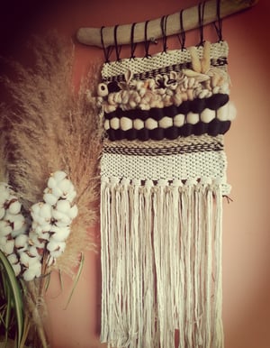 Large woven wallhanging in blacks, beige and neutrals 