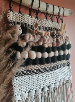 Large woven wallhanging in blacks, beige and neutrals 