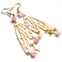 Image 3 of Cicada Wing & Rose Quartz Golden Drop Earrings