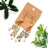 Image 1 of Cicada Wing & Rose Quartz Golden Drop Earrings