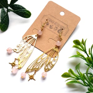 Image of Cicada Wing & Rose Quartz Golden Drop Earrings