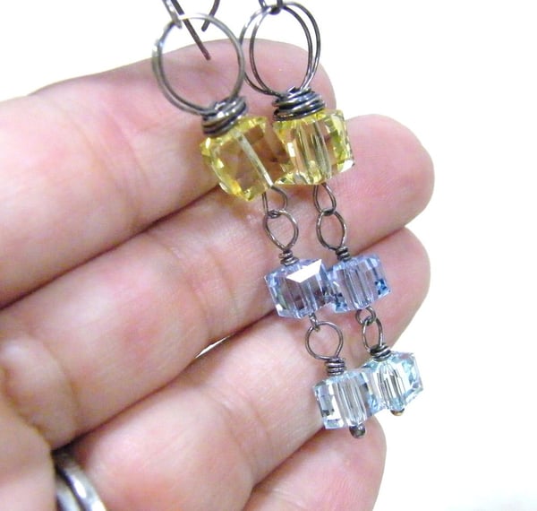 Image of three squared crystal dangle earrings