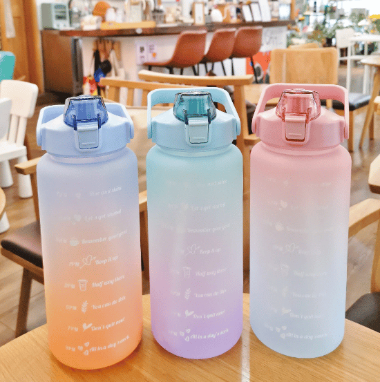 Image of 2L Large Capacity Water Bottle Straw Cup Gradient Color Plastic Water Cups With Time Marker Outdoor 