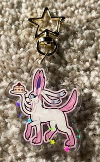 Image 1 of Small Holographic "Pink Ribbon Fox" Acrylic Keychain
