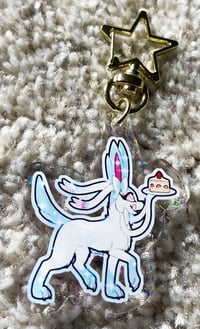 Image 2 of Small Holographic "Pink Ribbon Fox" Acrylic Keychain