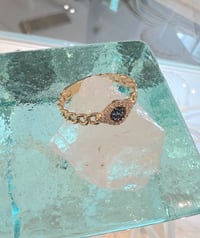 Image 2 of 14k solid gold diamond & sapphire evil eye Cuban ring.