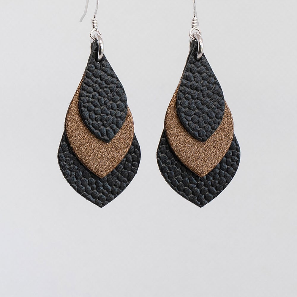 Image of Australian leather teardrop earrings - Textured black and dark bronze [TMB-092]