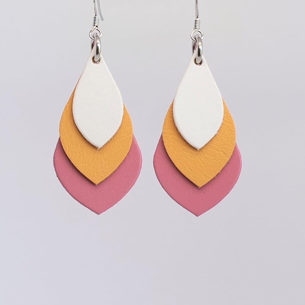 Image of Australian leather teardrop earrings - White, soft apricot, pink [TPO-094]