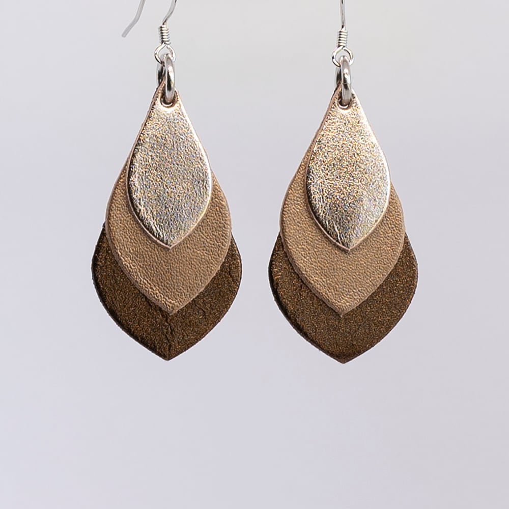 Image of Australian leather teardrop earrings - Rose gold, matte rose gold, dark bronze [TMT-040]