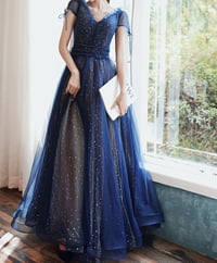 Image 1 of Blue Tulle V-neckline Floor Length Party Dresses, Blue Evening Formal Dresses