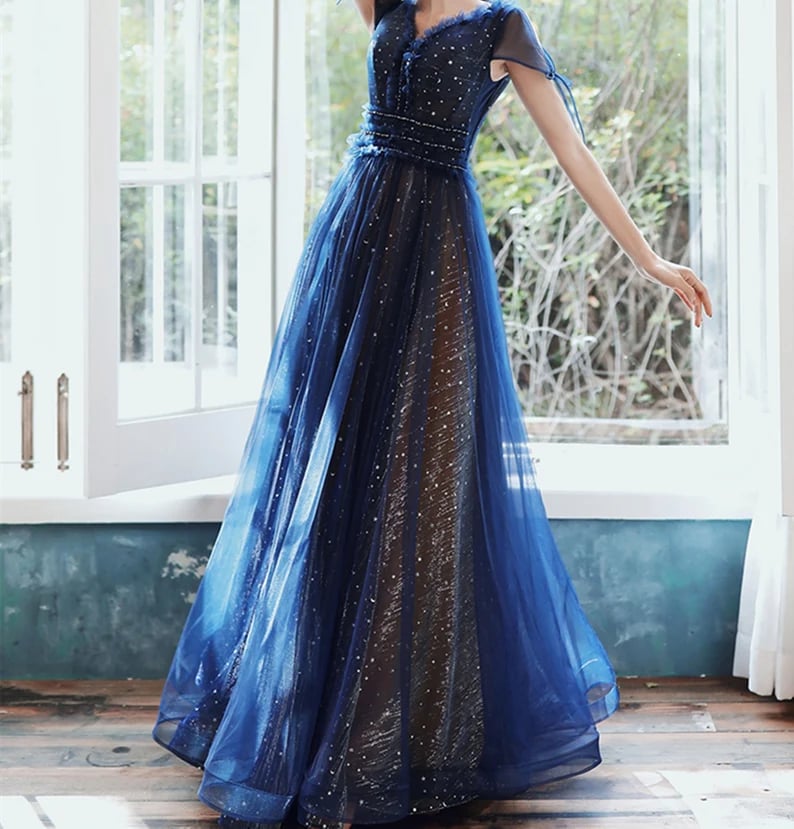 Blue Tulle V-neckline Floor Length Party Dresses, Blue Evening Formal Dresses