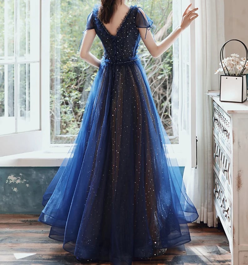 Blue Tulle V-neckline Floor Length Party Dresses, Blue Evening Formal Dresses