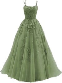 Image 1 of Green Long Evening Prom Tulle Party Dress, Tulle with Lace Long Formal Dress