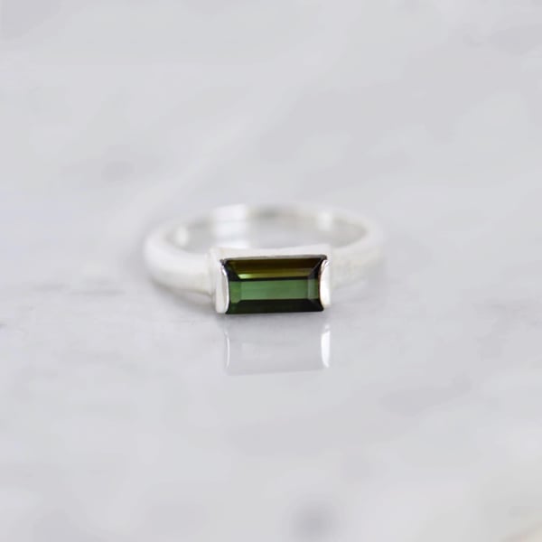 Image of Green Tourmaline bevel cut wide band silver ring