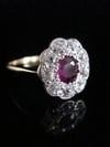 EDWARDIAN 18CT YELLOW GOLD NATURAL RUBY OLD CUT DIAMOND 0.90CT CLUSTER HALO RING