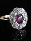 EDWARDIAN 18CT YELLOW GOLD NATURAL RUBY OLD CUT DIAMOND 0.90CT CLUSTER HALO RING