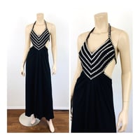 Image 1 of Vintage 1970s Black Jesrsey & Crystal "Stud" Embellished Halter Dress