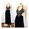 Vintage 1970s Black Jesrsey & Crystal "Stud" Embellished Halter Dress
