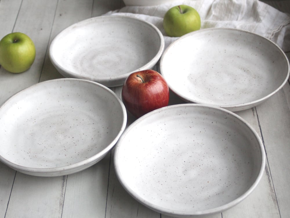 Image of Reserved for Laura - Set of 4 Custom Shallow Bowls in Matte White Glaze and Speckled Brown Stoneware