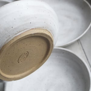 Image of Reserved for Laura - Set of 4 Custom Shallow Bowls in Matte White Glaze and Speckled Brown Stoneware