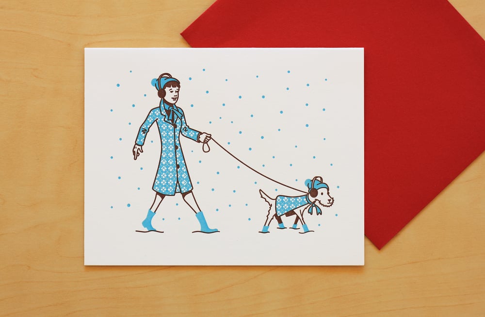 Image of WALKING THE DOG IN WINTER SNOW Card