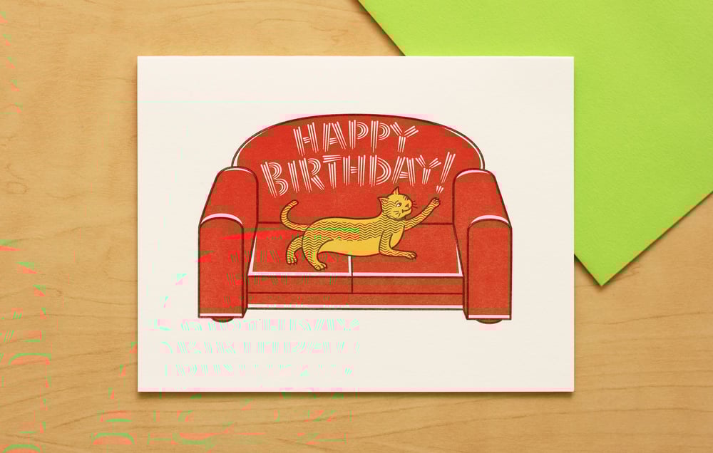 Image of Cat Scratching Sofa Happy Birthday Card