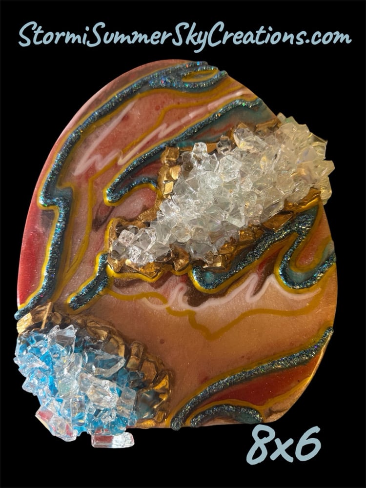 Image of 8x6 Red,Cream, and Teal Geode Art Piece