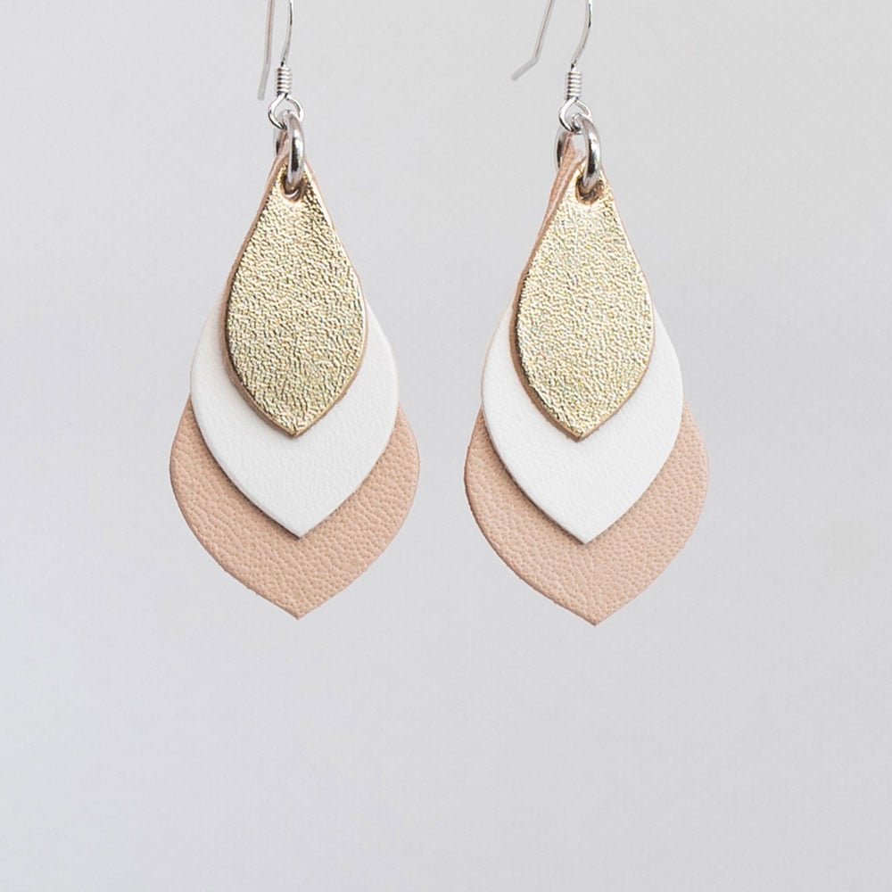Image of Australian leather teardrop earrings - Gold, white, beige [TGW-076]