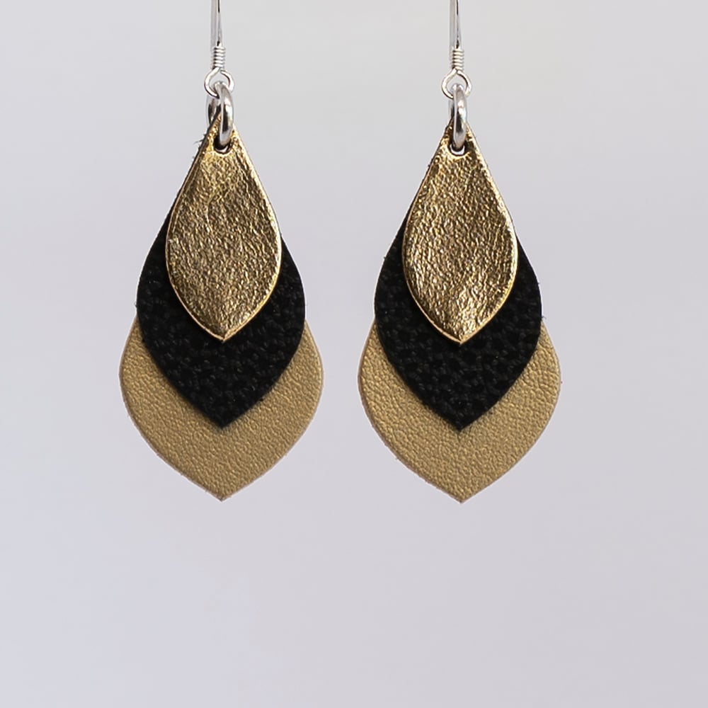 Image of Australian leather teardrop earrings - Golds and diamond black [TGB-068]