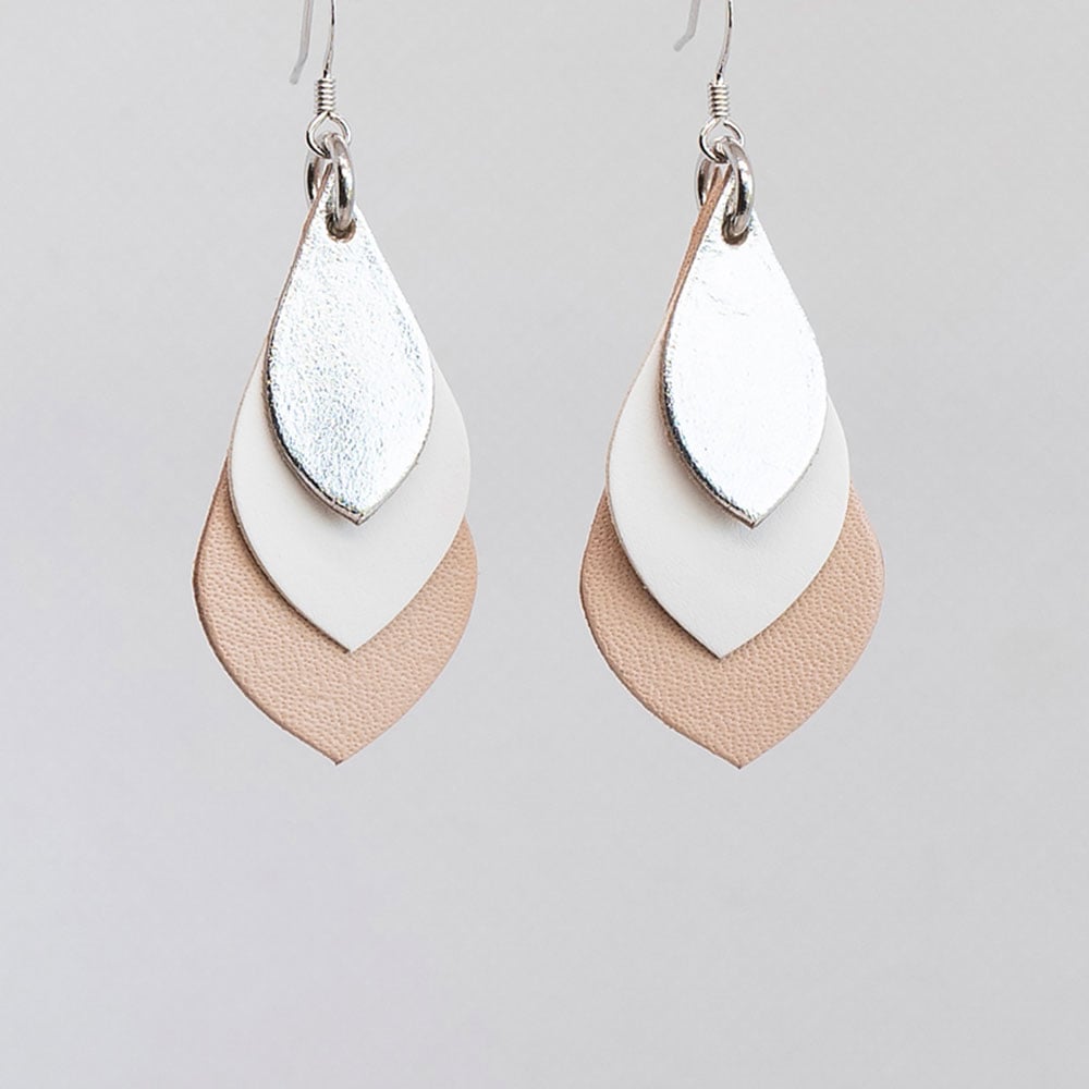 Image of Australian leather teardrop earrings - Silver, white, beige [TMT-044]