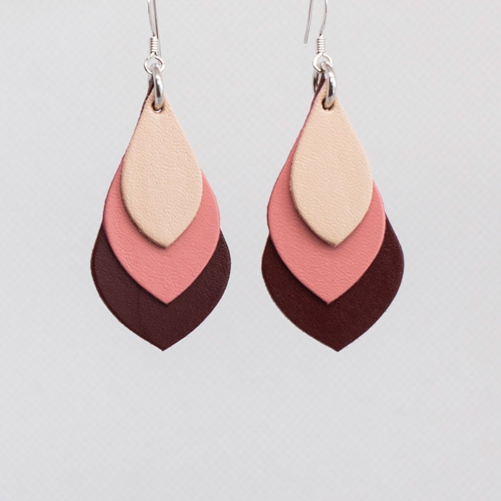 Image of Australian leather teardrop earrings - Beige, warm pink, maroon [TPK-096]