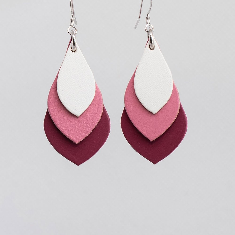 Image of Australian leather teardrop earrings - White, pink, rose pink [TPK-016]