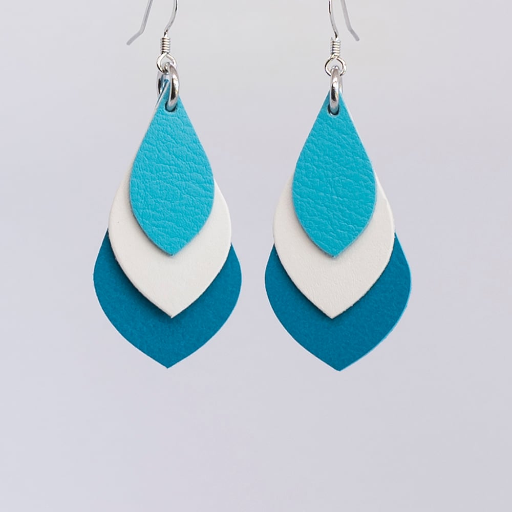 Image of Australian leather teardrop earrings - Turquoise blue, white, deep turquoise [TBB-090]