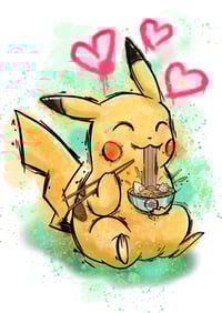 Image 2 of Watercolour Pikachu Pokemon Print. Pikachu noodles. Ramen. A4. Kids room decor. Pokemon fan art.