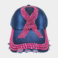 Image 1 of Distressed Denim AdjustableRhinestone Pink Ribbon Cap| Breast Cancer Awareness Hat | Rhinestone Caps