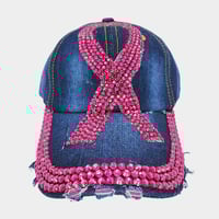 Image 1 of Distressed Denim AdjustableRhinestone Pink Ribbon Cap| Breast Cancer Awareness Hat | Rhinestone Caps