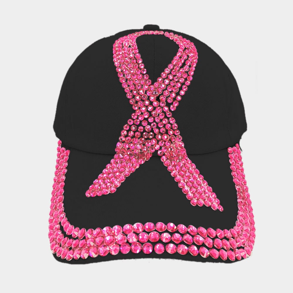 Distressed Denim AdjustableRhinestone Pink Ribbon Cap| Breast Cancer Awareness Hat | Rhinestone Caps