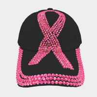 Image 2 of Distressed Denim AdjustableRhinestone Pink Ribbon Cap| Breast Cancer Awareness Hat | Rhinestone Caps