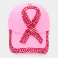 Image 3 of Distressed Denim AdjustableRhinestone Pink Ribbon Cap| Breast Cancer Awareness Hat | Rhinestone Caps