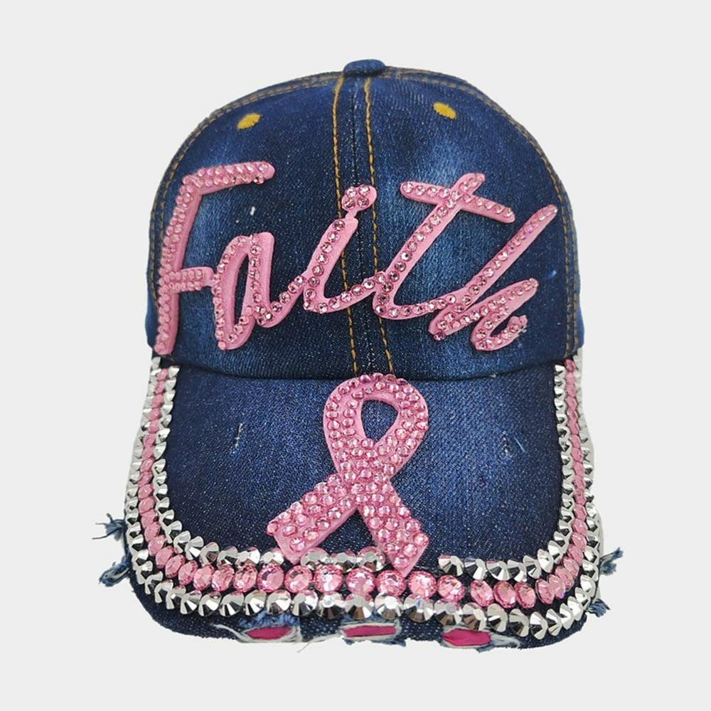 Distressed Denim Rhinestone Faith Pink Ribbon Cap | Bling Pink Ribbon Cap | Breast Cancer Hat