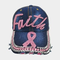 Image 1 of Distressed Denim Rhinestone Faith Pink Ribbon Cap Bling Pink Ribbon Cap Breast Cancer Hat