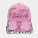 Distressed Denim Rhinestone Faith Pink Ribbon Cap | Bling Pink Ribbon Cap | Breast Cancer Hat