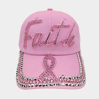 Image 2 of Distressed Denim Rhinestone Faith Pink Ribbon Cap Bling Pink Ribbon Cap Breast Cancer Hat