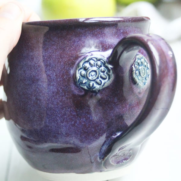 Image of Large Deep Purple and Black Pottery Mug, 16 ounce Handmade Coffee Cup, Made in USA