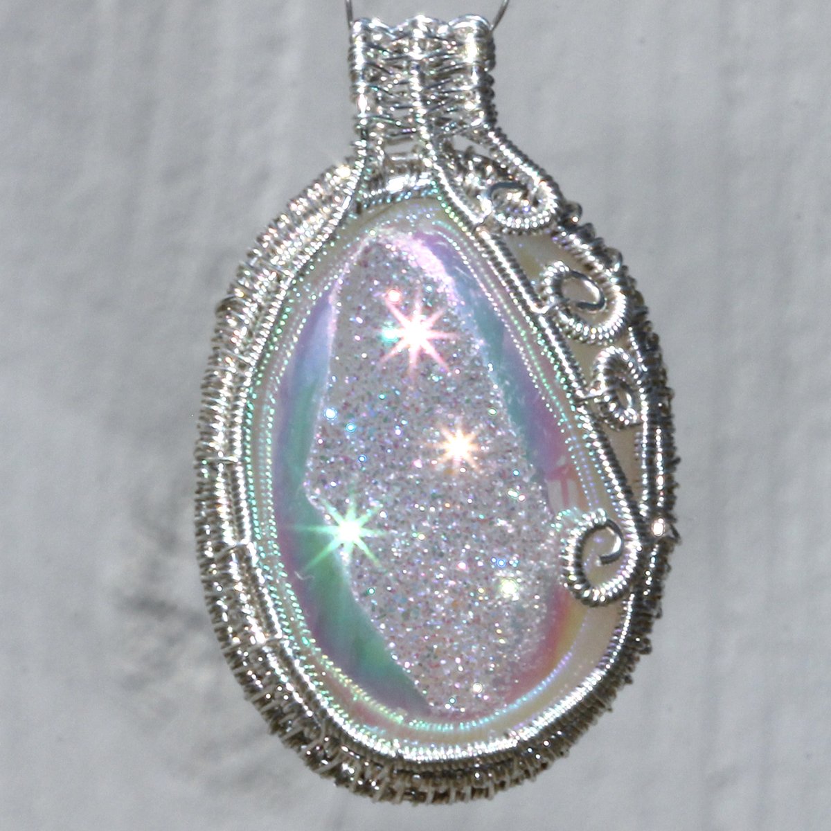 Angel Aura Drusy Woven Wire Wrap Sterling Pendant