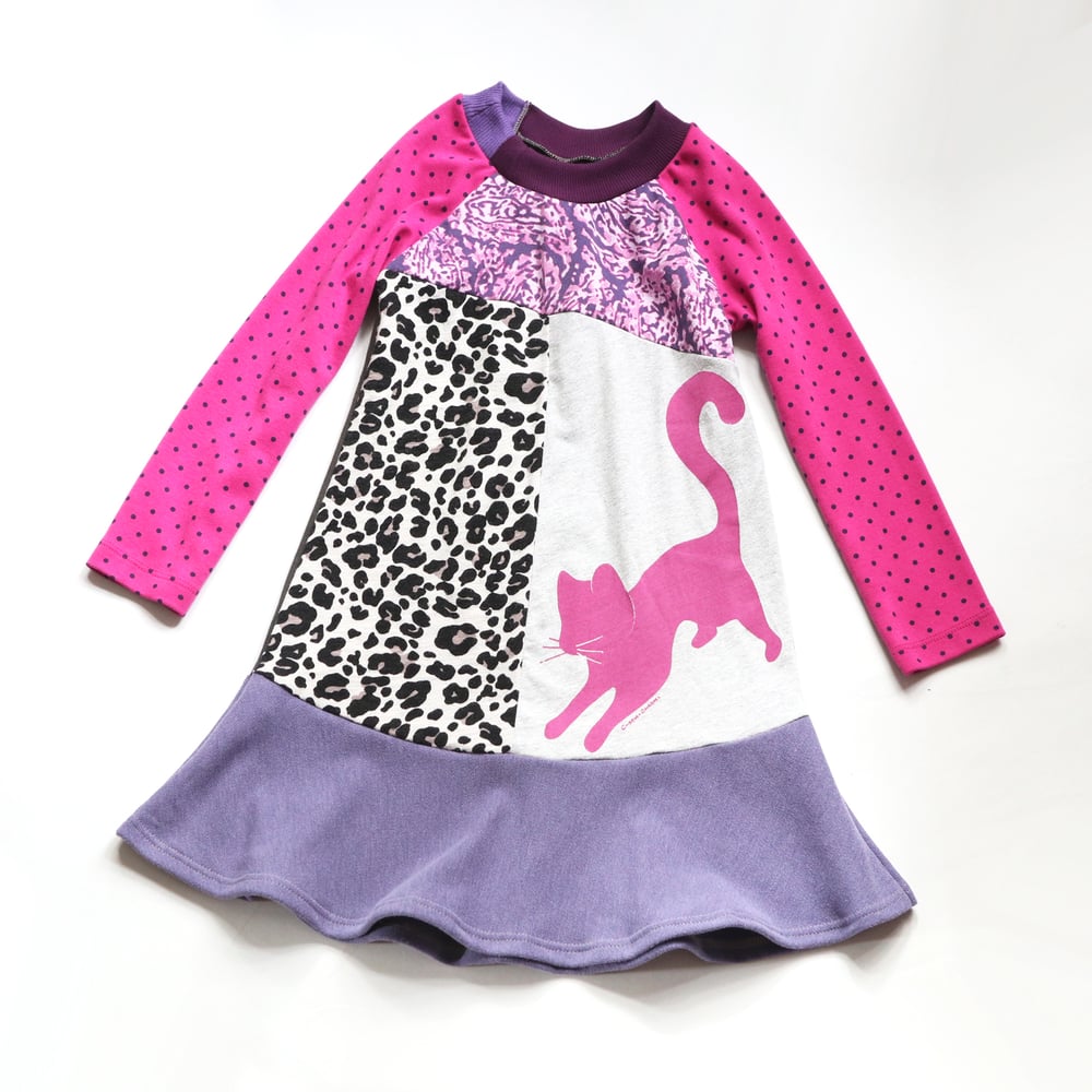 Image of  purple dot mix magenta pink meow kitty cat kitten 5T handprinted longsleeve courtneycourtney dress